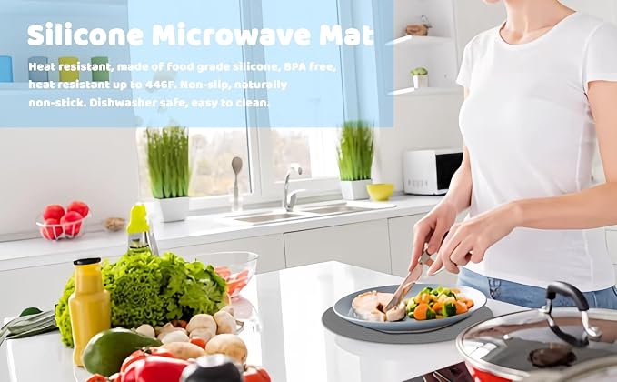 8 10 12 Inch Microwave mat, Trivet, Multi-Purpose Hot Pad,Pot Holder,Baking,Drying, Silicone mats for Microwave,Dishwasher Safe - Splatter Guard, Set of 3,Grey,Blue