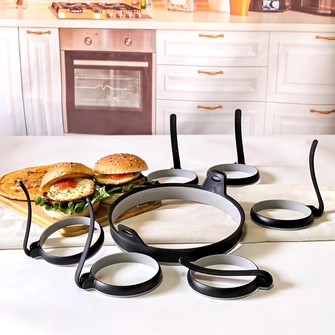 Nonstick Silicone Egg & Omelet Ring Kit,4" Egg Rings & 8" Omelet Ring, Egg Rings for Frying Eggs, Pancakes, Patties and English Muffins, 7 Piece Set (BLACK)