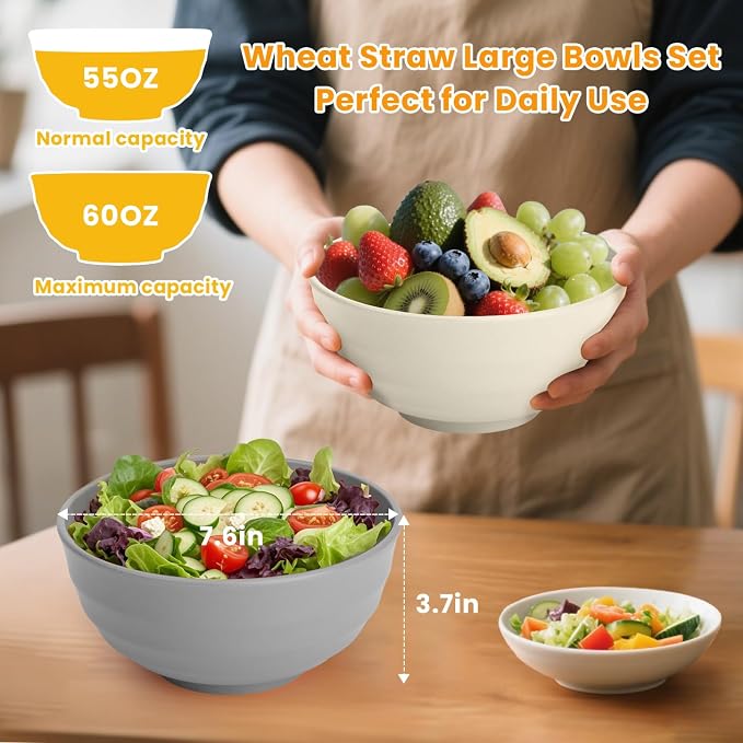Salad Bowl Wheat Straw Bowls 60 OZ Bowls for Kitchen,Large Bowls for Camping,Travel,Party, Unbreakable Bowls Set of 8,Microwave and Dishwasher Safe Dishes for Cereal,Ramen,Soup-Grey Stone