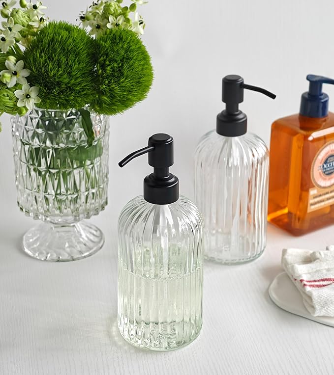 JASAI 2PACK 18Oz Simple Glass Soap Dispensers with Black Rust Proof Pump | Refillable Kitchen soap Dispenser with Vertical Stripe, Bathroom Soap Dispenser for Bathroom Hand soap, Dish Soap, Lotion