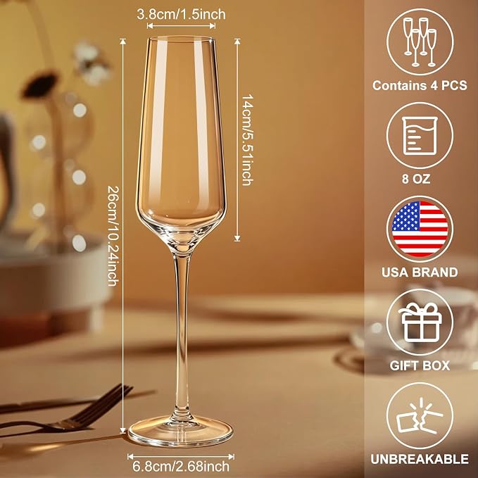 Plastic Champagne Flutes Set of 4 (8oz) |Reusable Plastic Champagne Glasses |100% Tritan & BPA Free |Dishwasher Safe| Awesome For Pool, Beach, Travel, Pool, Camping, Beach, Picnic, Everyday Use.