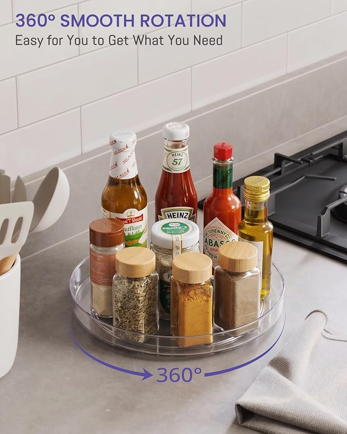2 Pack 9 Inch Elegant Clear Turntable Acrylic Lazy Susan, Non-Skid Rotating | Smoothly Kitchen Spice Rack, Cabinet Pantry Organization Storage, Refrigerator, Vanity Makeup, Bathroom Countertop Organizer
