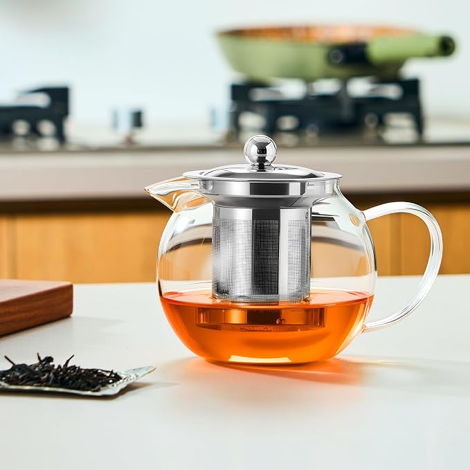 Baalaka Glass Teapot with Infuser, Clear Tea Pot for Stove, 22 oz/650 ml | Tea kettle, tea maker and brewer with removable 18/8 stainless steel infuser for loose leaf or blooming tea, camping, travel