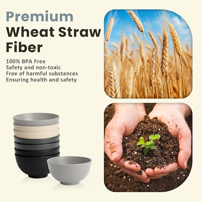 Small Soup Bowls 10 oz Wheat Straw Mini Bowls Set of 8 Alternative Plastic Bowls for Snack,Ice Cream,Dessert,Microwave Safe Bowls for Party,Unbreakable Bowls for Camping,Kitchen-Grey Stone
