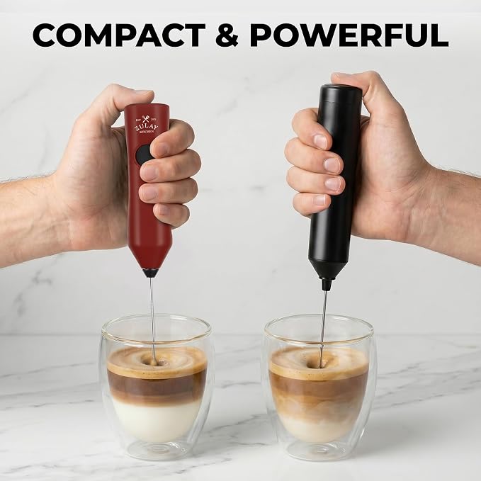 Zulay Kitchen Rechargeable Milk Frother Handheld - Frother Wand, Drink Mixer, Electric Whisk Frother, for Cappuccinos, Matcha & Protein Powder - Dynamic 3 Whisk, 3 Speed 500mAh Red Black