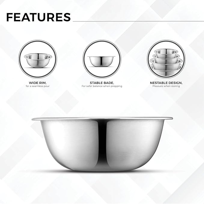 Premium Stainless Steel Mixing Bowls, Set of 5 Brushed Stainless Steel Mixing Bowl Set, Easy To Clean, Space Saving, Great for Cooking, Baking, Prepping (5 Pc Mixing Bowl)