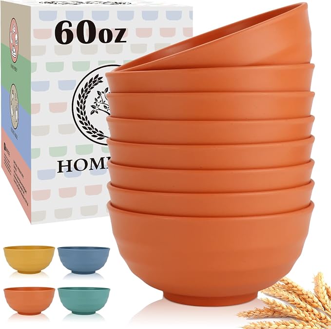 Large Bowl Set of 8, 60 oz Orange Wheat Straw Bowls, Unbreakable & Microwave Safe, Big Soup and Salad Bowls for Wedding, Party, Camping, Family Dining