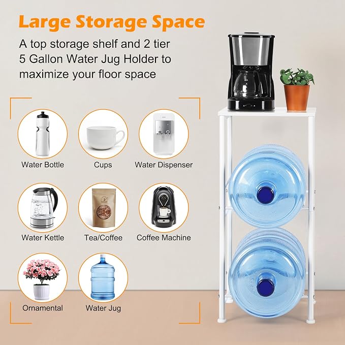 5 Gallon Water Jug Holder Water Dispenser Stand with Top Shelf, 5 Gal Water Bottle Holder with 2 Slots Round Metal Frame for Kitchen, Dining Room, Office, White
