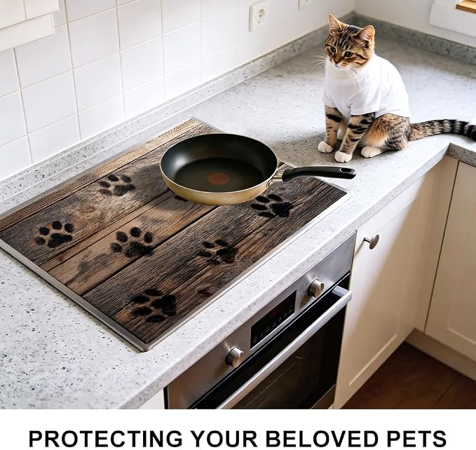 Paw Print Stove Top Cover 28x20 Inch Decorative Electric Stove Cover | Heat Resistant Cooktop Protector Mat with Non-Slip Backing, Scratch Protection and Countertop Drying Mat.