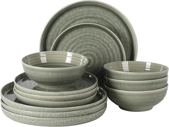 Gibson Elite Eclipse Swirls Plates and Bowls Sets, 12-Piece Stoneware Dinnerware Sets, Reactive Glaze Dish Set - Green