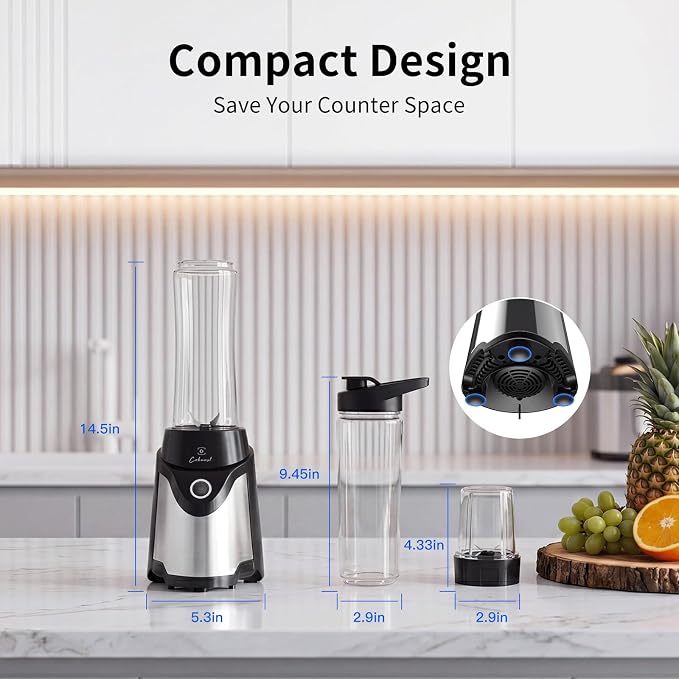 COKUNST Smoothie Blender, Personal Blender with 2 To-Go Cups & Lids, Black | 25,000 RPM Powerful Motor, Blender and Grinder Combo, One-Button Pulse, BPA Free, Compact Size, for Kitchen, Frozen Drinks