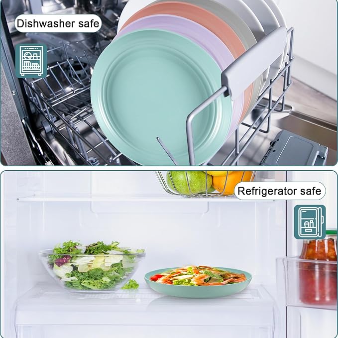 HEYCOME 12 Pcs Unbreakable Deep Dinner Plates Set, 9 inch Reusable Plastic Wheat Straw Plates, Microwave and Dishwasher Safe Plate for Kitchen, Lightweight Plate for Dessert, BPA Free, 6 Colors