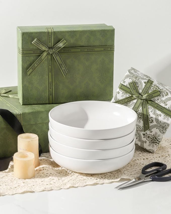 Pasta Bowls Set of 2, 34 oz Deep Salad Bowls, Stoneware Bowl Plates for Pasta, Soup, Salad, Ceramic Serving Shallow Bowls for Kitchen Gift, Microwave & Dishwasher Safe, Matte White