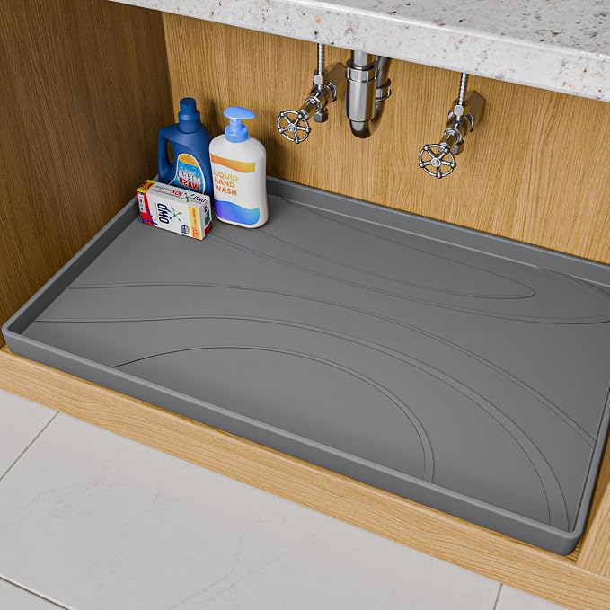 Under Sink Mat 28" x 22", Silicone Under Sink Liner for Kitchen and Bathroom, Waterproof Cabinet Protector Drip Tray, Protects Cabinets from Leaks and Spills