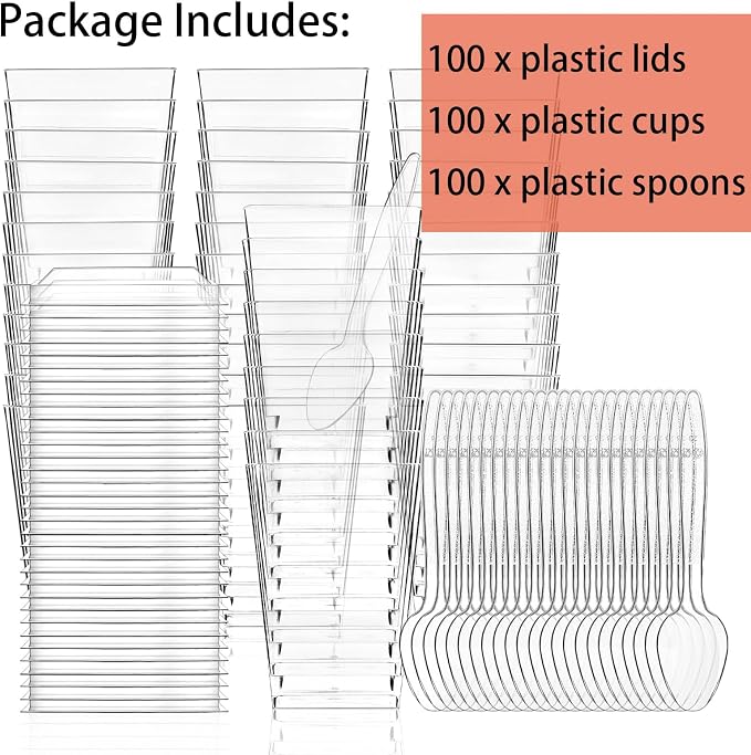 Hiasobre 5 oz Plastic Dessert Cups with Lids and Spoons, 100 Pack | Clear Reusable Square Mini Parfait Appetizer Cups, Shooter Serving Cups, Party Dessert Shot Glasses for Tasting