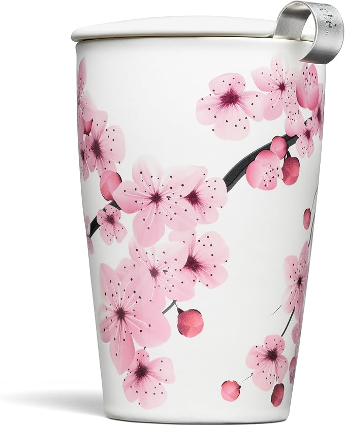 Tea Forte Double-Walled Ceramic Kati Cup, Hanami, 12 oz | Insulated Ceramic - Stainless Steel Loose Leaf Infuser - Keeps Tea Hot Longer - Lid Included - Microwave & Dishwasher Safe