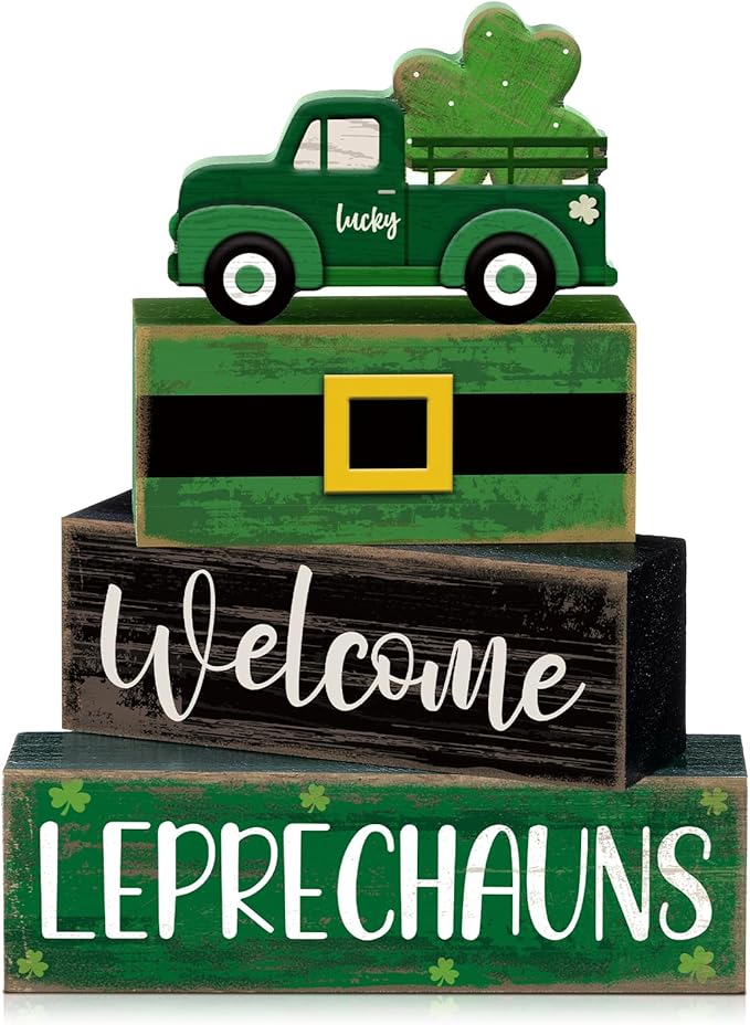Lineshading 4 Pcs Wooden Leprechaun Block Signs Tiered Tray Decor | Rustic Farmhouse Shamrock Truck Signs, Stackable Tabletop Decor for St Patricks Day, Home Decor and Gifts