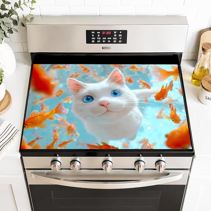 White Cat Goldfish Stove Top Cover 28.35x20.47 in Non Slip | Heat Resistant Cooktop Protector Mat with Non-Slip Backing, Scratch Protection and Countertop Drying Mat.