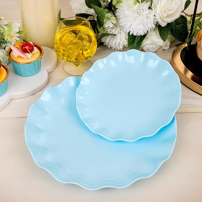 LIYH 24 Pcs Blue Plastic Plates Reusable - Unbreakable Light Blue Scalloped Plates,Dishwasher Safe Camping Plate for Parties,Birthday,Picnics,BPA Free (12Guests)