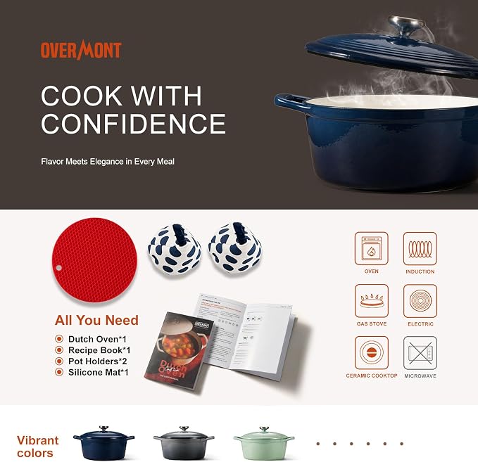 Overmont Enameled Cast Iron Dutch Oven - 5.5QT Pot with Lid Cookbook & Cotton Potholders - Heavy-Duty Cookware for Braising, Stews, Roasting, Bread Baking Midnight Sapphire