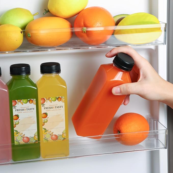 TOMNK 12pcs 16oz Plastic Juice Bottles with Caps, Sticker Labels, Brush | Reusable Clear Bottles with Lids and Labels, Funnel, Brush Beverage Containers for Juicing, Smoothies, Tea, Milk
