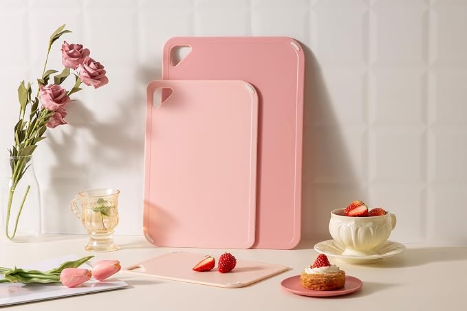 Plastic Cutting Board Set of 3, Pink Cutting Board for Kitchen | Non-Slip with Grip Handle, Chopping Board for Cooking, Bpa Free, Dishwasher Safe, Reversible, Cute Pink kitchen Accessories