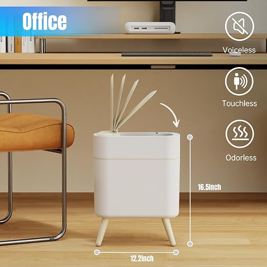 Yatmung 2 Pack - Motion Sensor Trash Can with Lid - Slim Smart Garbage Can | Waste Basket for Bedroom, Office, Kitchen, Living Room - Automatic Trash Can Bathroom Touchless - White with Wooden Legs