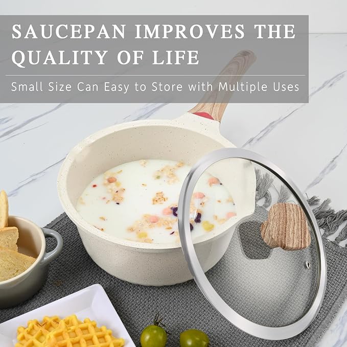 Vinchef 10PCS Sauce Pan Set with Lids, Nonstick, 2/3/4QT, White | Complete set with silicone utensils&protectors, PFAS/PFOA-free coating, dishwasher-safe, induction-ready, cool-grip handles