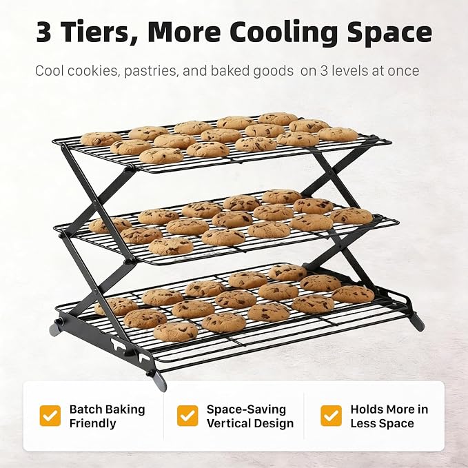 3-Tier Collapsible Cooling Rack, Adjustable Wire Baking Rack, Black | 3 adjustable heights, stable X-leg frame, folds flat, open-wire airflow, 17.1 x 9.8 in, for cookies, cakes and pastries
