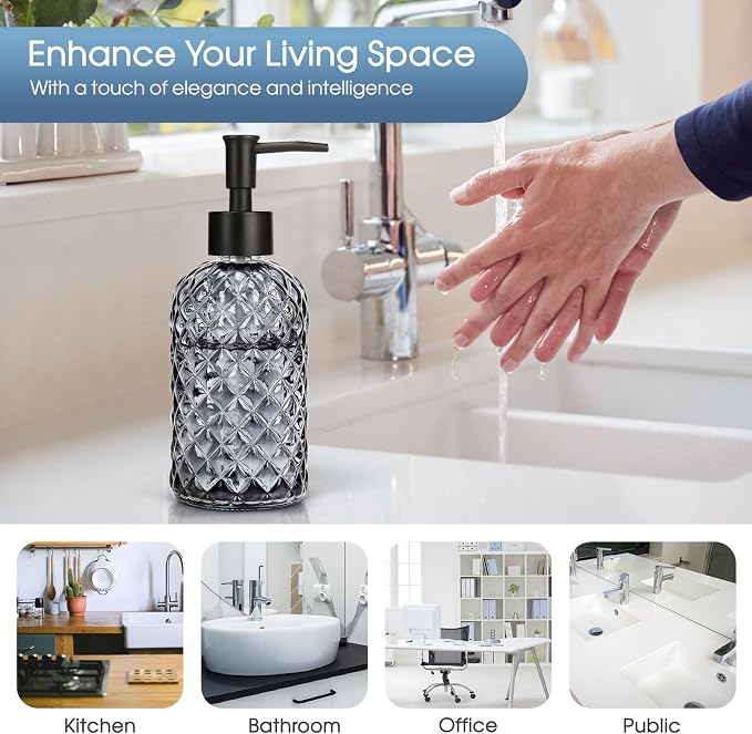 Topsky Gem Glass Soap Dispenser with Black Plastic Pump, 13oz Liquid Hand Soap Dispenser, Rustproof Pump for Kitchen & Bathroom, Great for Lotions, Essential Oil, Liquid Soaps-Gray