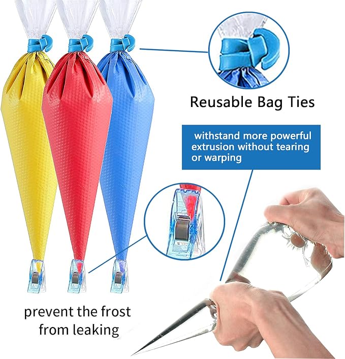 122Pieces Tipless Piping Bags - 100pcs Disposable Piping Pastry Bag for Royal Icing/Cookies Decorating - 10 Pastry Bag Ties,10 Clips &2 Scriber Needle - Best Cookie/Cake Decorating Tools (14 inch)