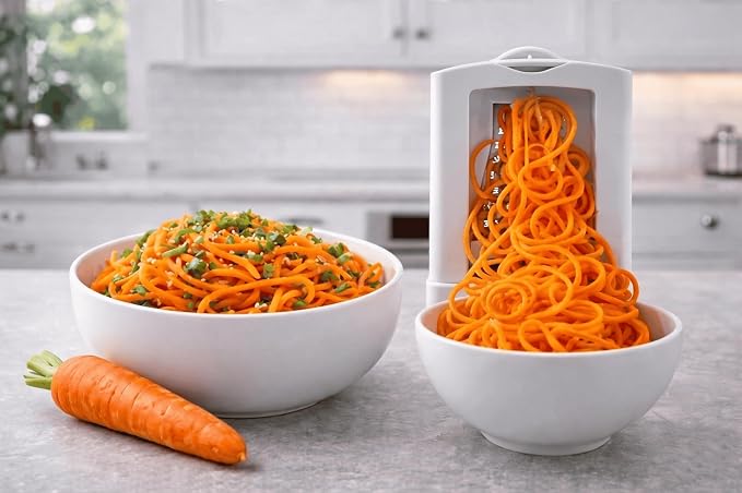 Brieftons 10-Blade Vegetable Spiralizer: Zoodle Maker & Veggie Noodle Maker, Potato String & Curly Fry Cutter, Japanese Steel Blades, Catch Container, Strong Suction Pad, 4 eBooks | Keto, Vegan, Paleo