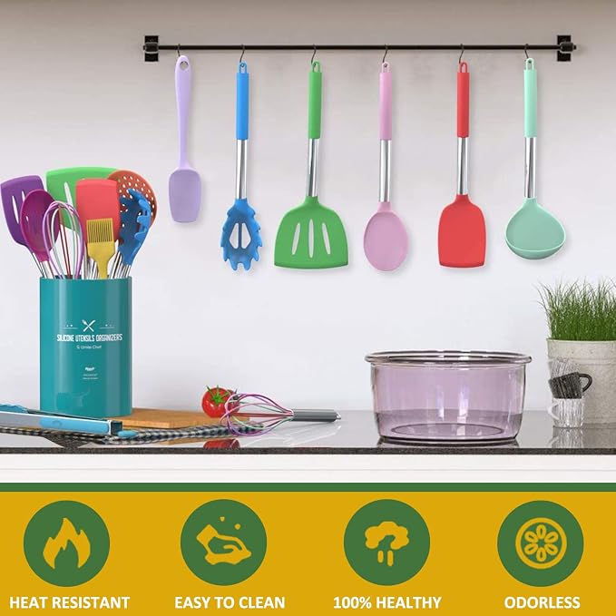 Umite Chef Kitchen Utensils Set, 15 pcs Silicone Cooking Kitchen Utensils Set, Non-stick Silicone Stainless Steel Handle Turner Spatula Spoon Tongs Whisk Cookware - Colorful