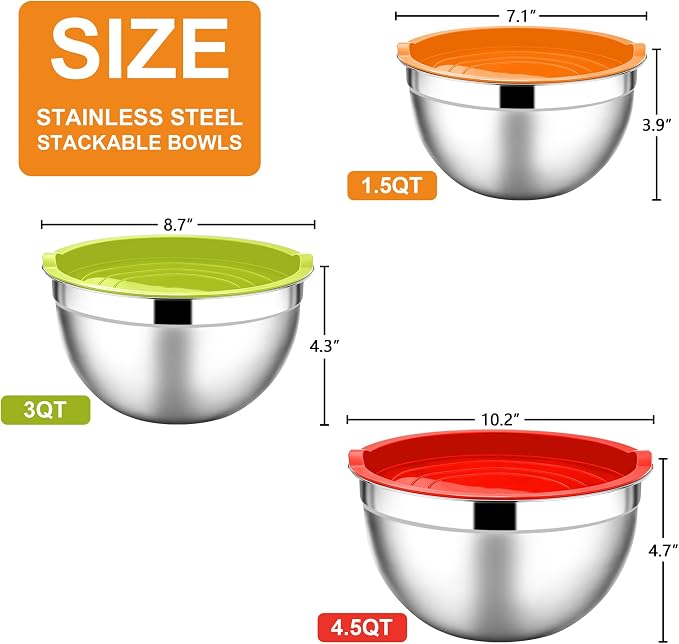 E-far Mixing Bowls with Lids Set, 6-Piece Stainless Steel Salad Bowls | Metal Nesting Cooking Bowls with Airtight Lid for Kitchen Storage, Baking & Prepping, Dishwasher Safe, 1.5/3/4.5 QT, Colorful
