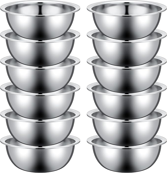 Pinkunn 12 Pcs Stainless Steel Mixing Bowls, Nesting Metal Salad Prep Bowls Bulk Reusable Baking Food Container Large Medium Small for Kitchen Hotel Restaurant Cooking, Silver (10.2 x 3.26 Inch)