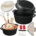 5 Qt Cast Iron Dutch Oven for Sourdough Bread Baking, Sourdough Dutch Oven | 2-in-1 lid doubles as a skillet; complete baking tools included for bread, stewing, searing, frying and outdoor cooking