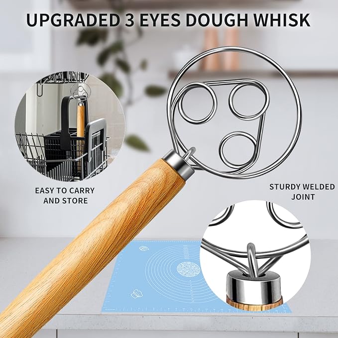 TEEVEA Danish Dough Whisk Wooden Handle Stainless Steel for Sourdough Bread | Dutch Dough Hook, Replaces Hand Mixer and Spoon, Bread Baking Tool, Food Grade Rust Resistant Steel, Non-Stick, Easy to Clean