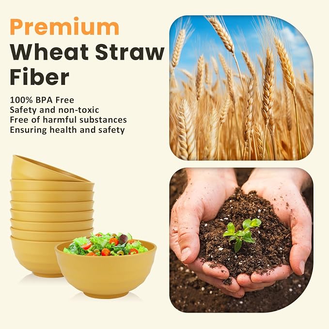 Sunshine Yellow Bowl Set of 8, 60 Oz Large Wheat Straw Bowls, Unbreakable Big Salad & Soup Bowls, Microwave Safe for Easter, Picnic, Kids Party & Family Meals
