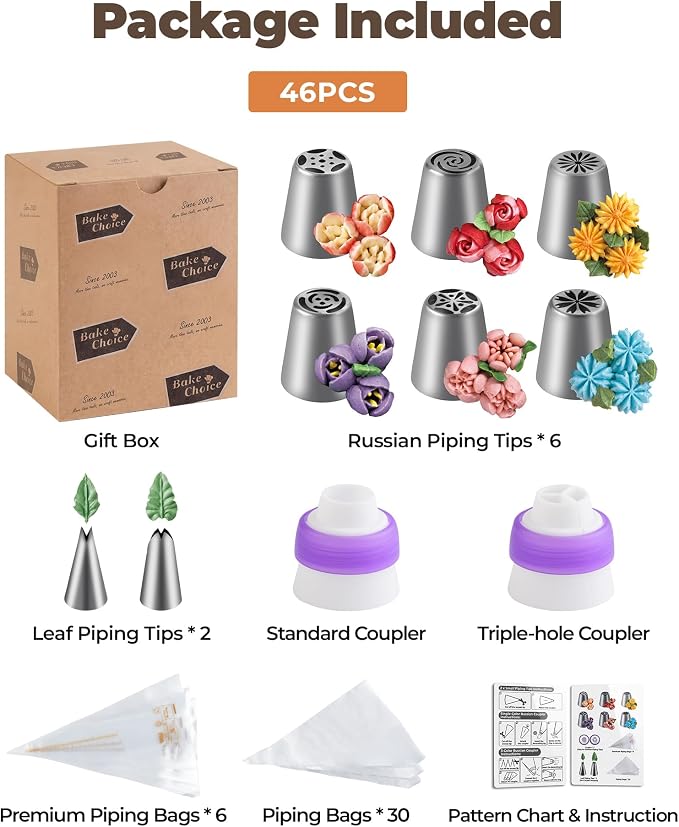 Bake Choice 46 Pcs Russian Piping Tips Set, Stainless Steel | Piping Bags and Tips Set, 6 Russian Piping Tip, 2 Leaf Piping Tip, 2 Couplers, 36 Piping Bags for Cupcake, Cookie, Baking