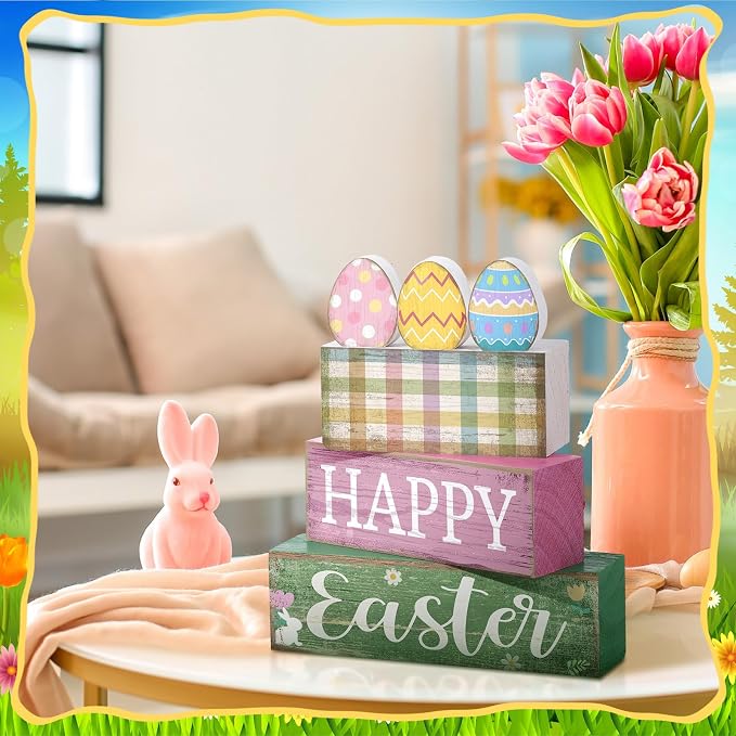 Lineshading 4 Pcs Easter Wooden Block Signs, Farmhouse Tiered Tray Decor | Includes 3 Painted Eggs and Happy Easter Sign Blocks, Rustic Wood Finish for Spring Home Mantle Shelf Centerpiece