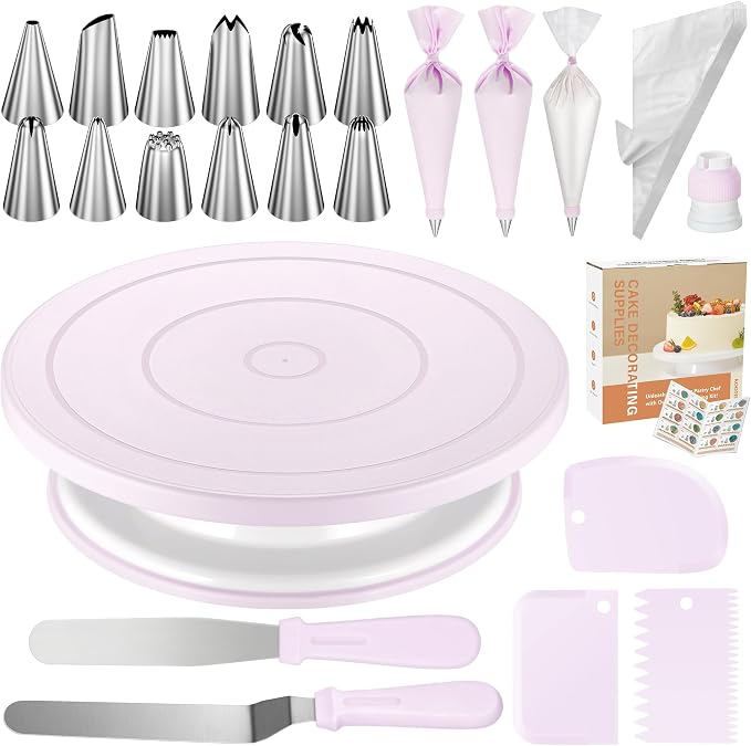 Kootek 71 Cake Decorating Kit Baking Supplies Tools for Beginners & Pros | Cake Stand Turntable, Icing Piping Tips, Disposable Reusable Pastry Bag, Spatulas, Video Tutorial, Pattern Chart