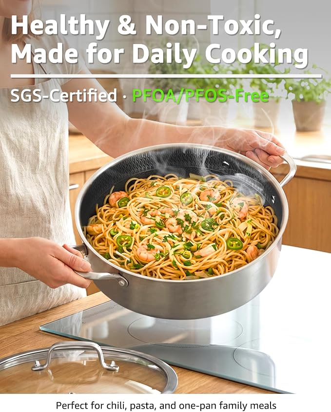 LOLYKITCH 6 QT Saute Pan with Lid & 8'' Frying Pan Set | Detachable Handle | Ceramic Nonstick | Tri-Ply Stainless Steel | Hybrid Cookware Set | Oven & Induction Ready | PFOA-FREE | For Searing Frying