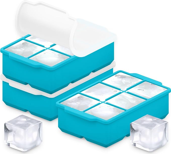 KitchFort® Large Silicone Ice Cube Tray (3-Pack) - 2" Big Ice Mold with Lid | Easy Release, Cocktail, Whiskey Ice Cubes Mold - Food Grade - Ice Cube Trays for Freezer - Stackable Silicone Ice Tray