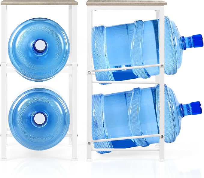 5 Gallon Water Bottle Holder Rack 2 Tier Water Jug Holder Stand with Storage Shelf, 2 Slots 5 Gal Water Cooler Jug Rack for Home, Office, Garage Organizer, Light Grey