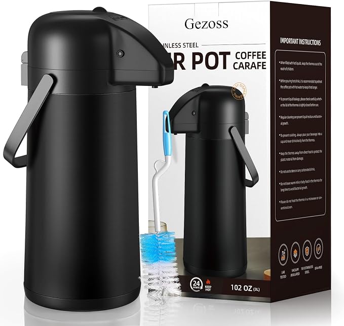 Coffee Carafe for Keeping Hot, 102OZ / 3L Airpot Coffee Dispenser with Pump | Large Thermal Coffee Urn for Hot Drinks Tea Liquid, Insulated Stainless Steel Hot Water Beverage Dispenser for Parties, Black