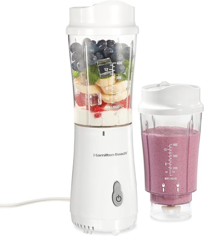 Hamilton Beach Portable Blender for Smoothies With 14 oz. Travel Jar | 2 BPA Free Jars & Lids | Durable Stainless Steel Blades | 300 Watts Peak Power | Personal Smoothie Blender | White | 51102G