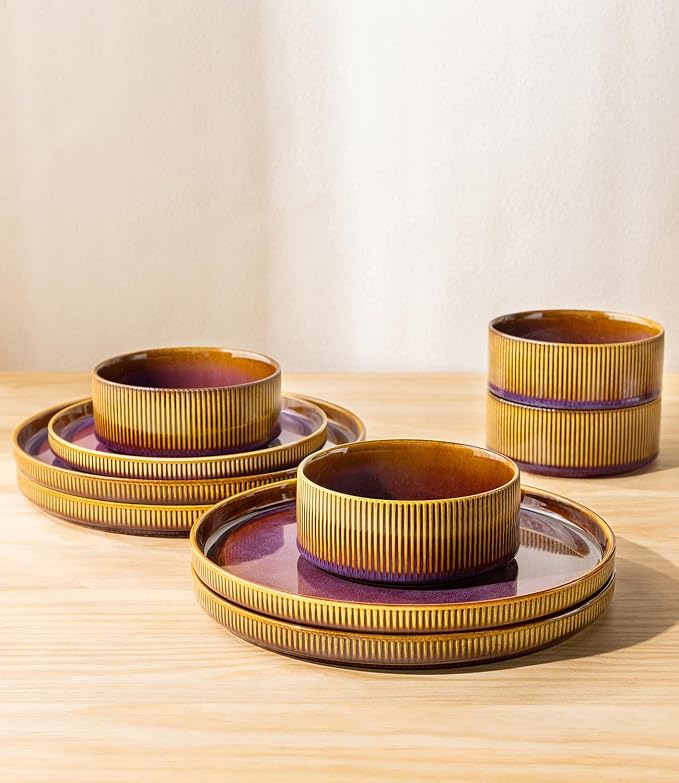 Ceramic Dinnerware Set for 6, 18-Piece Plates and Bowls Set | Lightweight Porcelain Dish Set, Scratch Resistant, Oven & Microwave & Dishwasher Safe, Amber Amethyst