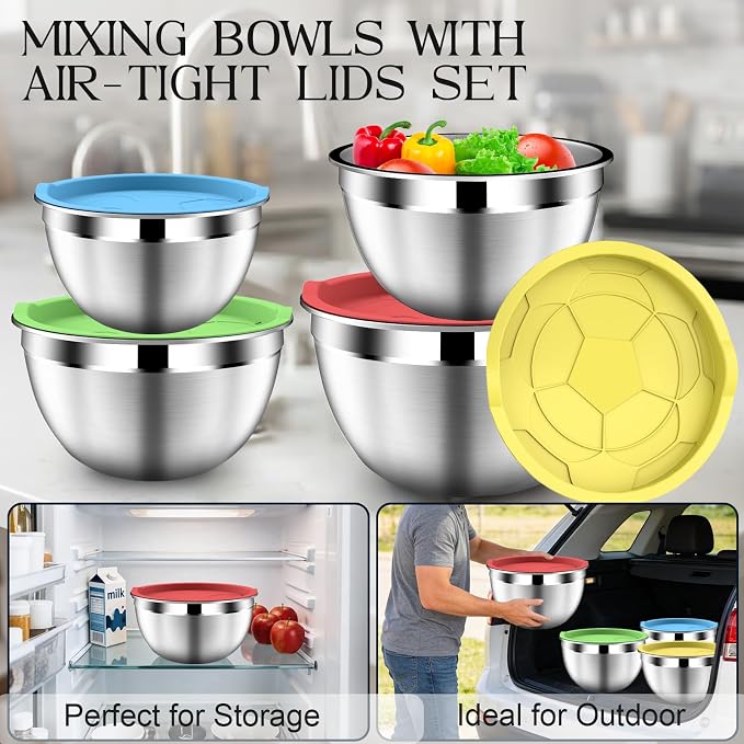 DUTZUN Colorful Mixing Bowls with Strainer, Mixing Bowl with Lids Set, Stainless Steel Mixing Bowls, Kitchen Gadgets Salad Bowls with Strainer for Mixing & Preping & Serving