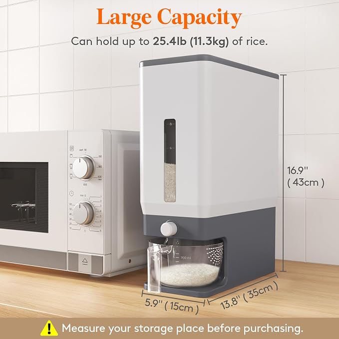 Lifewit Rice Dispenser 25 Lbs, Airtight Storage with Measuring Cup, Grey | BPA-Free 11.3kg Capacity Storage Container for Beans, Corn & Other Small Grains, One-Press Dispensing Bin for Kitchen Pantry