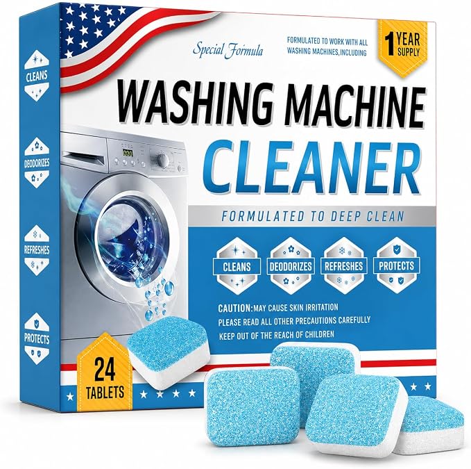 Washing Machine Cleaner Tablets, 24 Pack Enzyme Washer Cleaner | 5X-Power Enzyme Wahser Cleaner Fight Odor Refreshing Laundry, Deep Clean Residue, Grime Compatible with HE, Top & Front Load